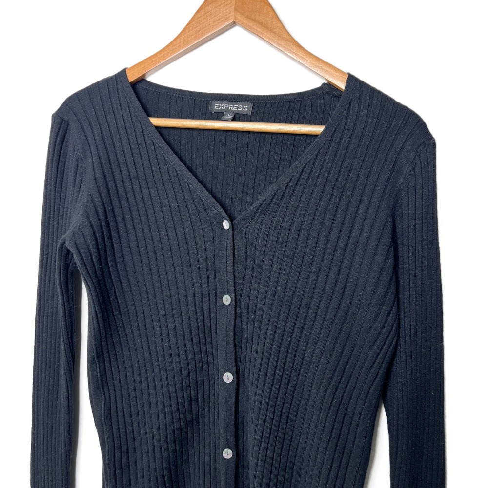 EXPRESS Black Ribbed V Neck Button Up Long Sleeve Cardigan Sweater Womens M - Picture 8 of 16